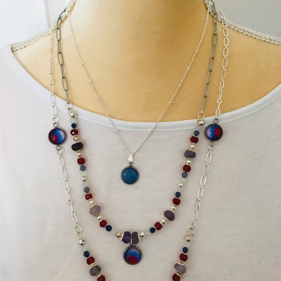 Handmade Pop of Color 3 Piece Necklace Set-Glass Cabochon-Gemstone Carnelian - Picture 3 of 12